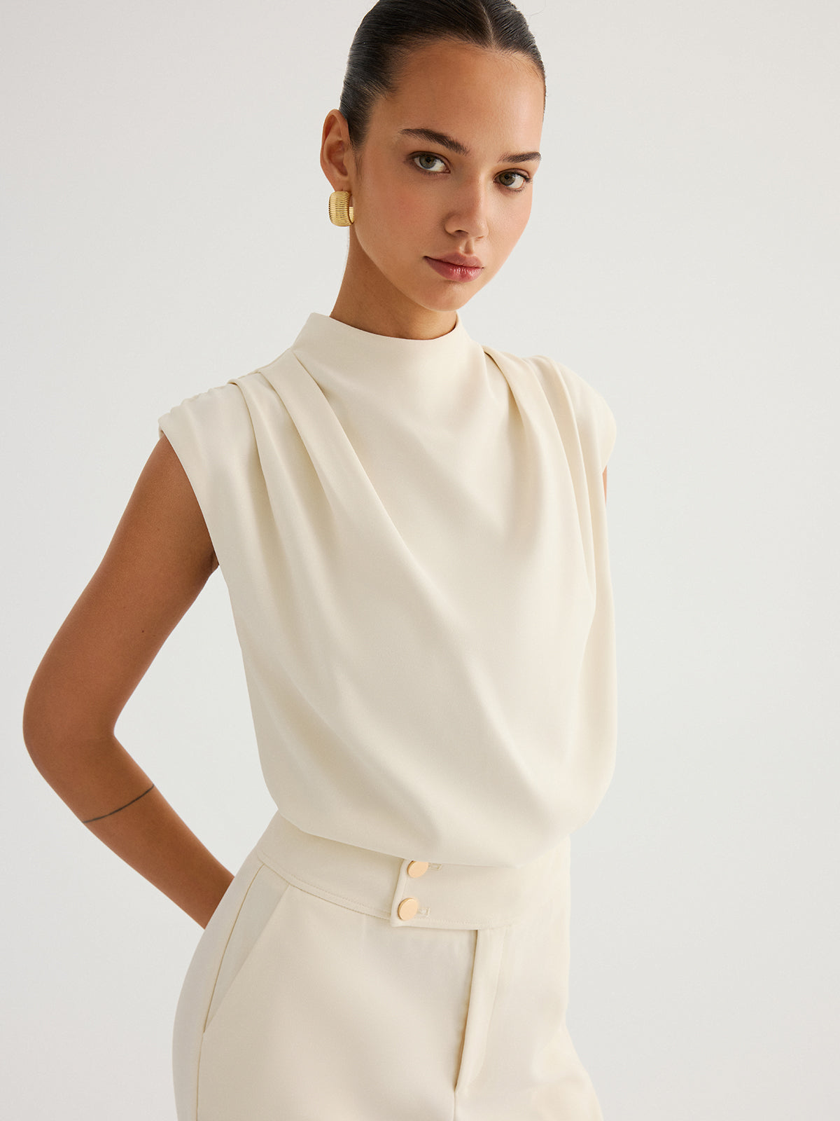 Draped High-Neck Cap Sleeve Blouse for Elegant Office Wear