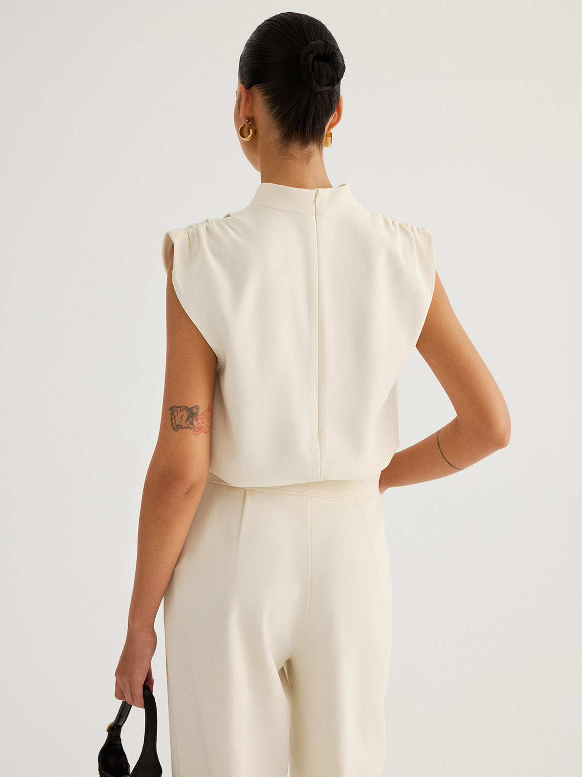 Draped High-Neck Cap Sleeve Blouse for Elegant Office Wear