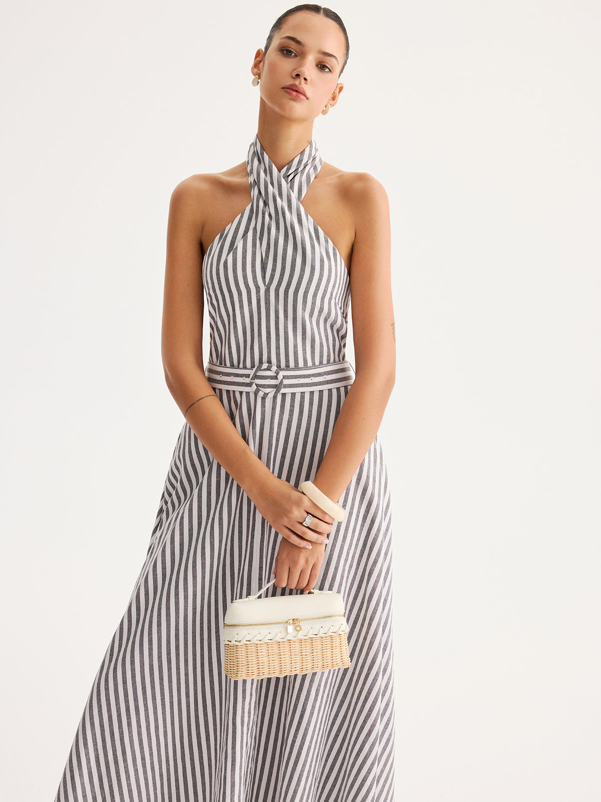 Striped Halter Belted Maxi Dress with Side Splits and V-Neck