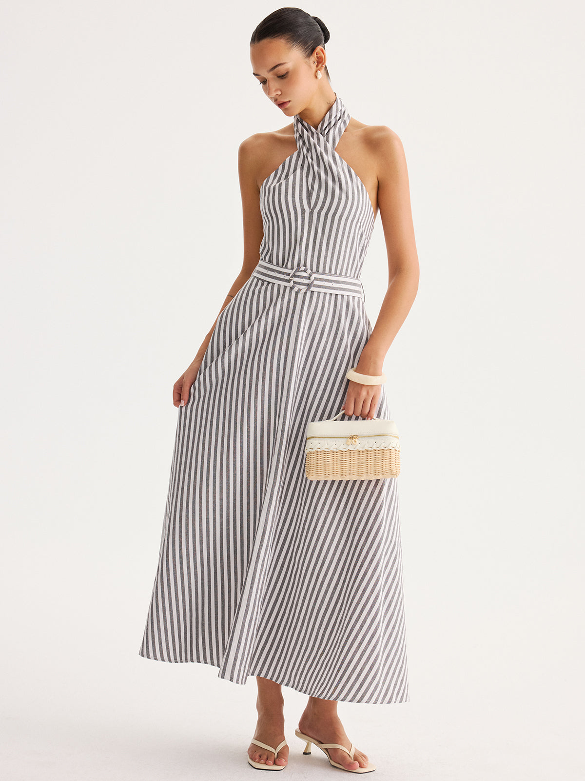 Striped Halter Belted Maxi Dress with Side Splits and V-Neck