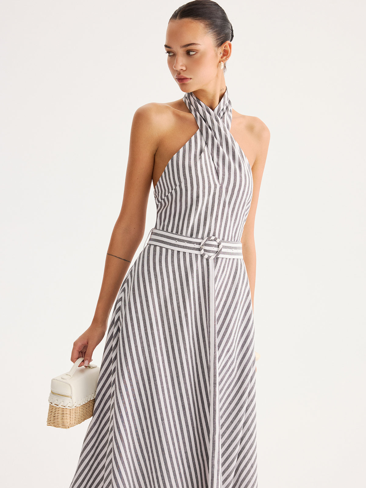 Striped Halter Belted Maxi Dress with Side Splits and V-Neck