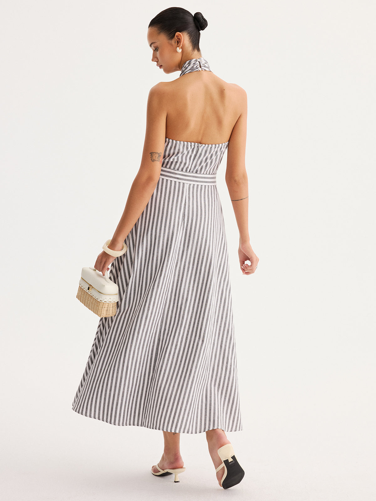 Striped Halter Belted Maxi Dress with Side Splits and V-Neck