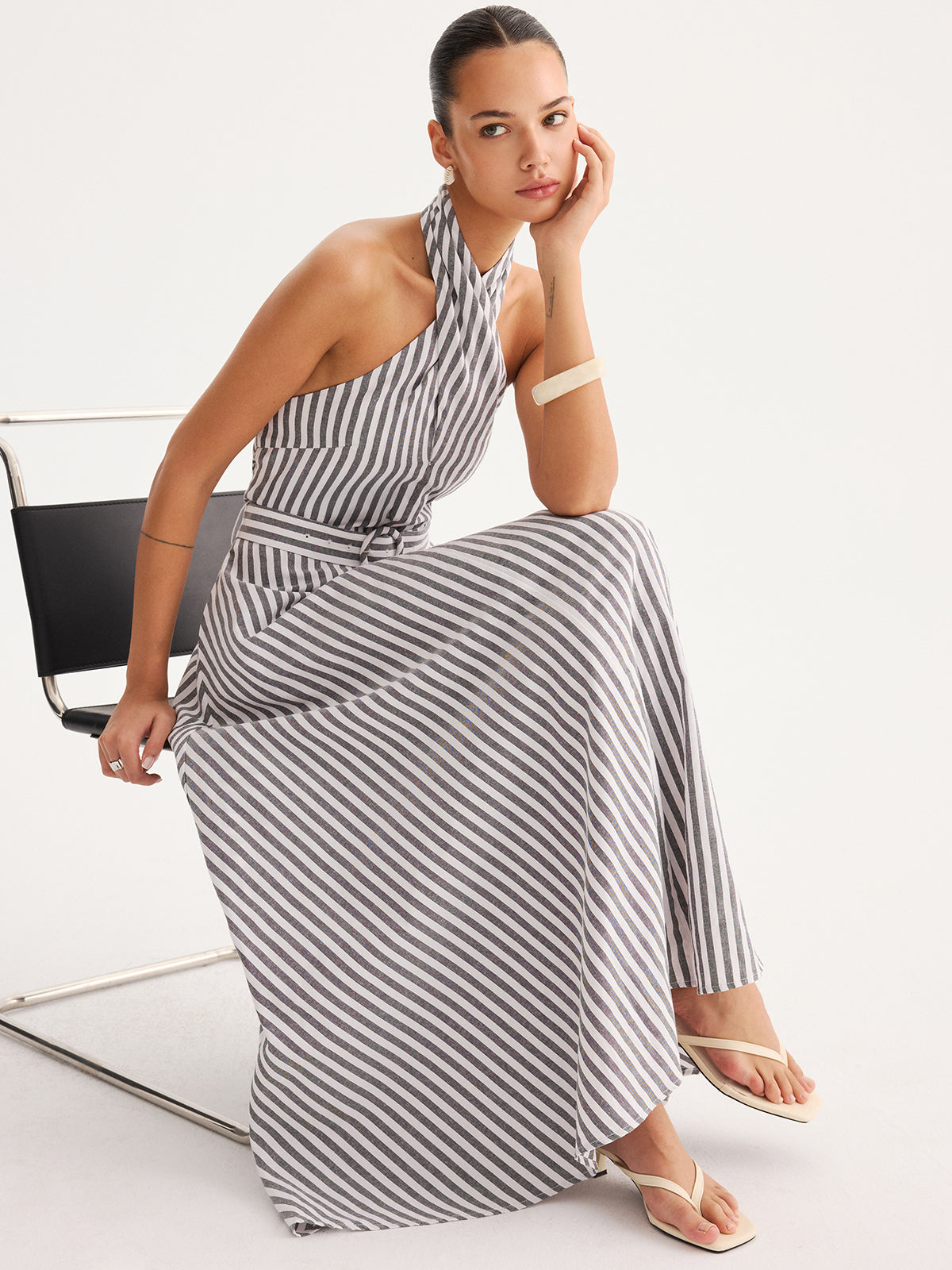 Striped Halter Belted Maxi Dress with Side Splits and V-Neck