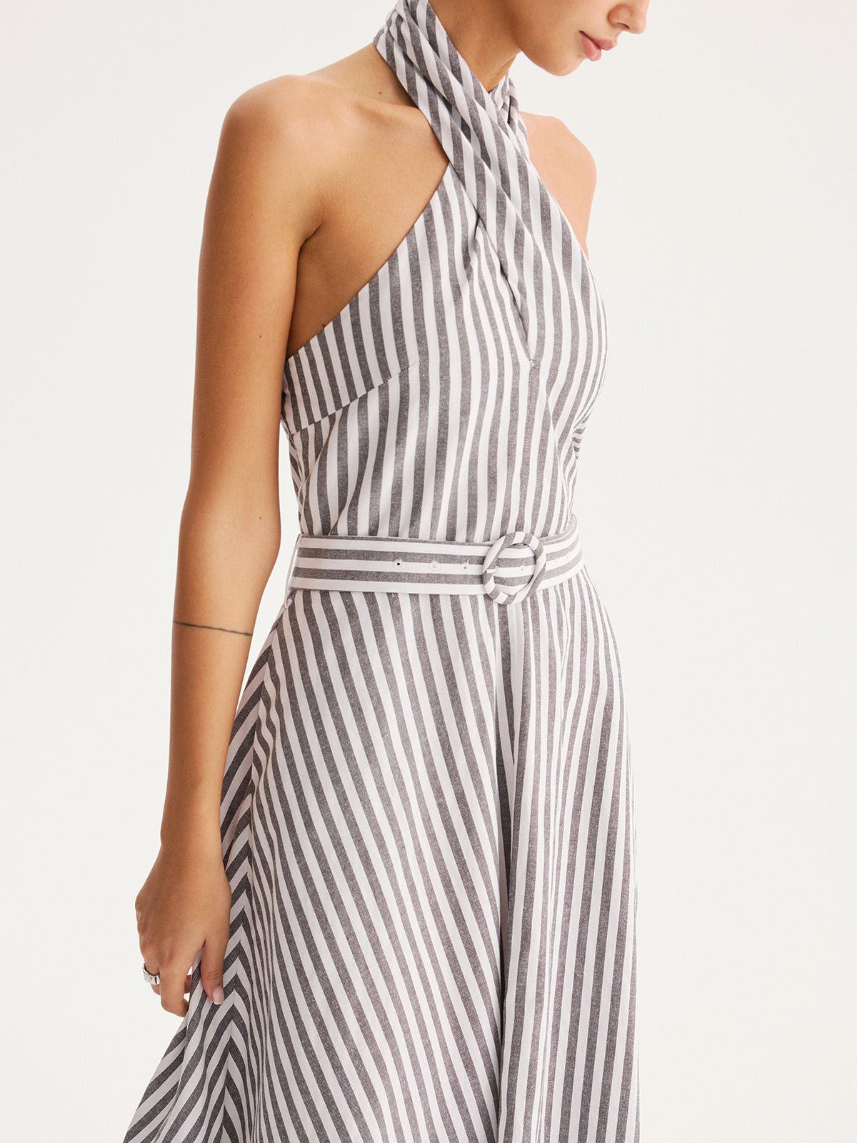 Striped Halter Belted Maxi Dress with Side Splits and V-Neck