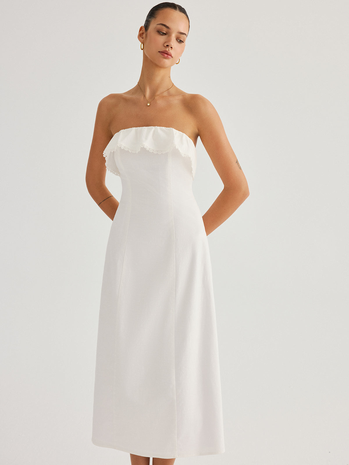 Detachable Straps Ruffled Trim Cotton Midi Dress Perfect for Summer Weddings