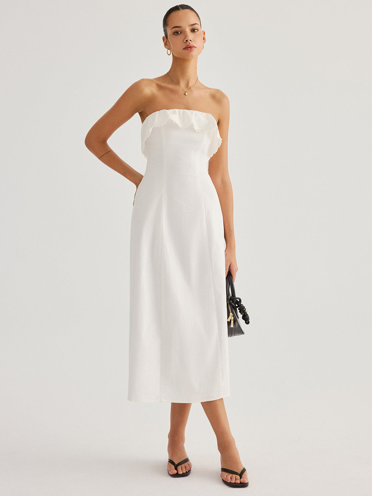 Detachable Straps Ruffled Trim Cotton Midi Dress Perfect for Summer Weddings