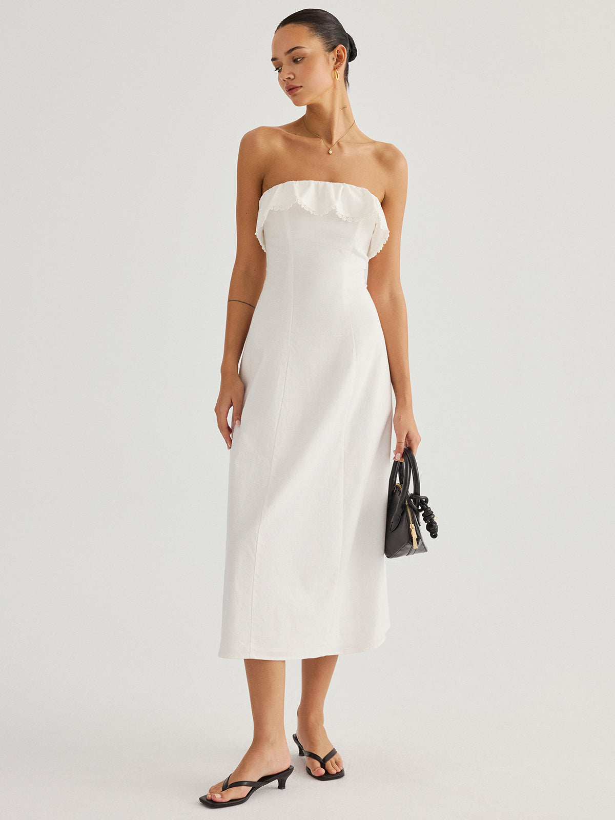 Detachable Straps Ruffled Trim Cotton Midi Dress Perfect for Summer Weddings