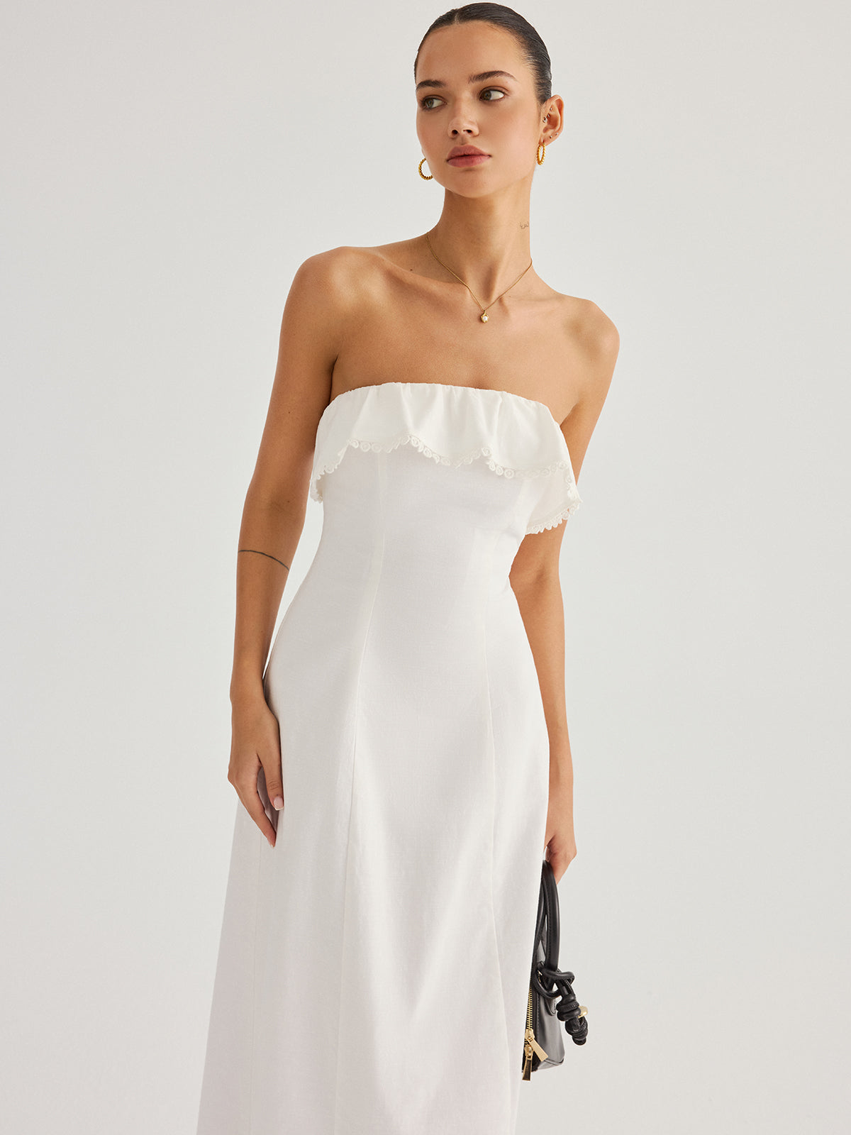 Detachable Straps Ruffled Trim Cotton Midi Dress Perfect for Summer Weddings