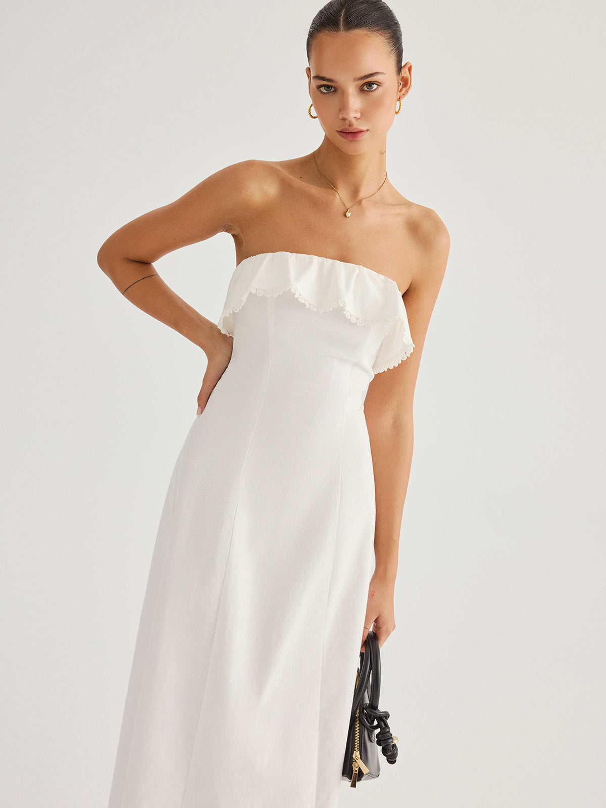 Detachable Straps Ruffled Trim Cotton Midi Dress Perfect for Summer Weddings