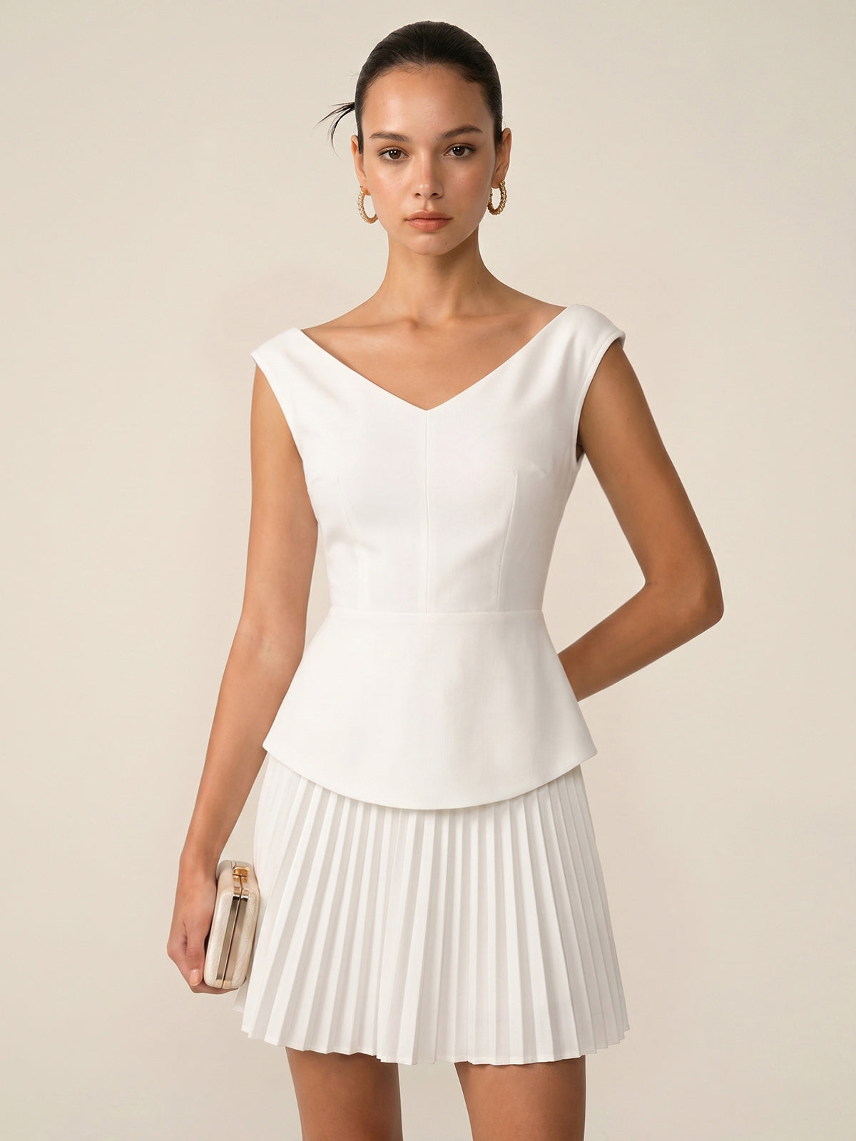 Sleeveless V Neck Pleated Mini Dress Casual Summer Flare
