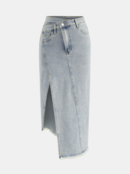 Asymmetric Denim Fringe Midi Skirt with High Waist Fit