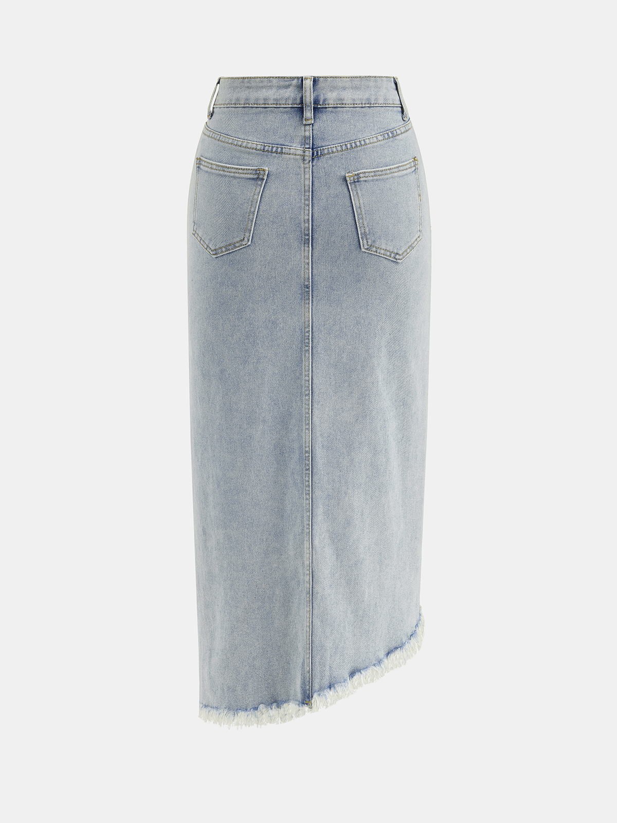 Asymmetric Denim Fringe Midi Skirt with High Waist Fit
