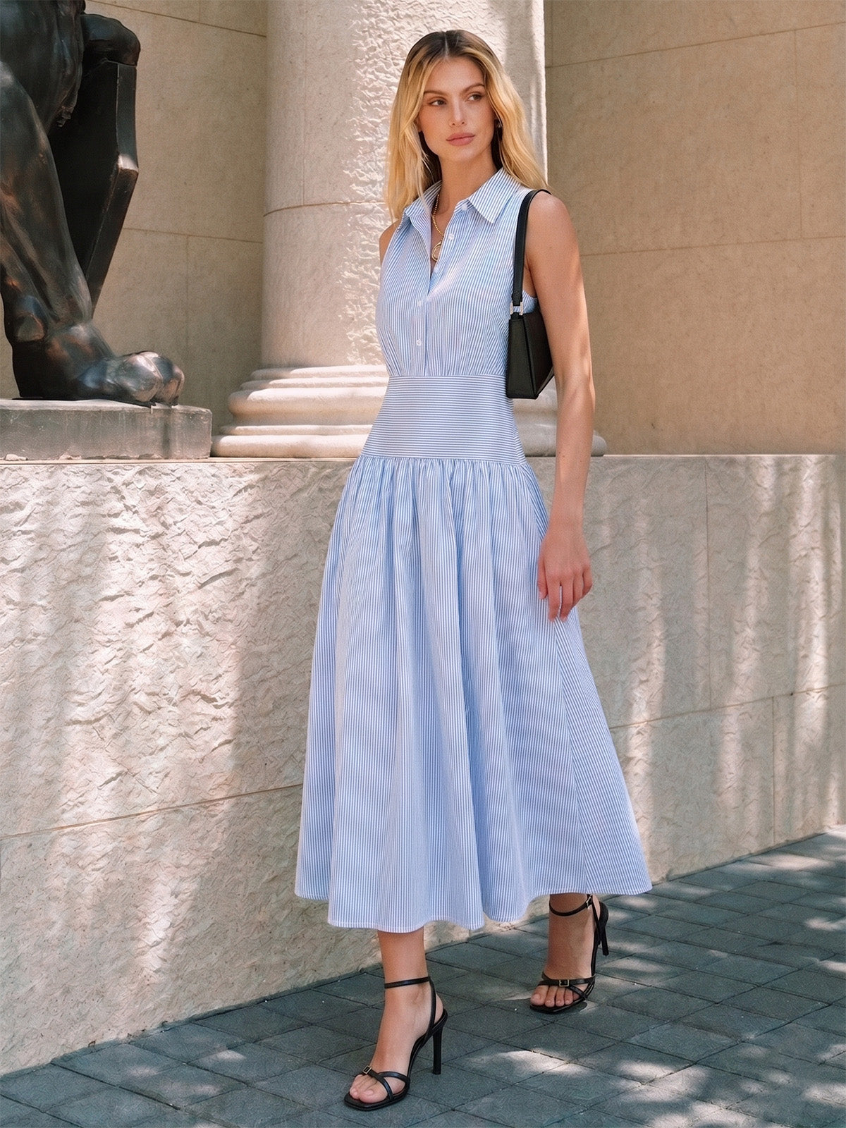 Striped Sleeveless Maxi Shirt Dress for Women Casual Summer Wear