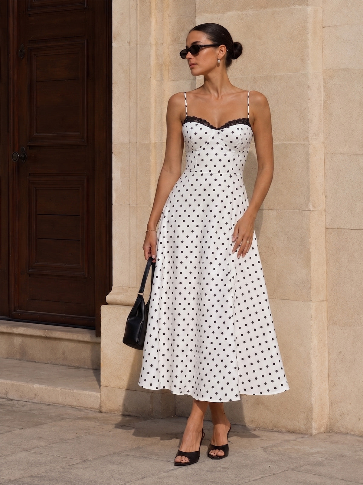 Polka Dot Lace Trim Cami Maxi Dress with Adjustable Straps