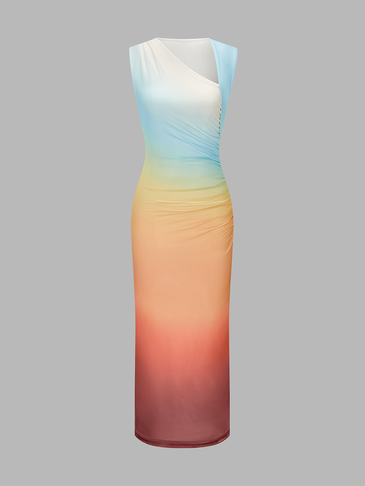 Asymmetric Neckline Sunset Gradient Mesh Midi Dress Women's Elegant Eveningwear