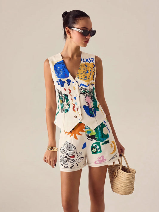 Abstract Art Print Vest & Shorts Set - Trendy Summer Casual Outfit