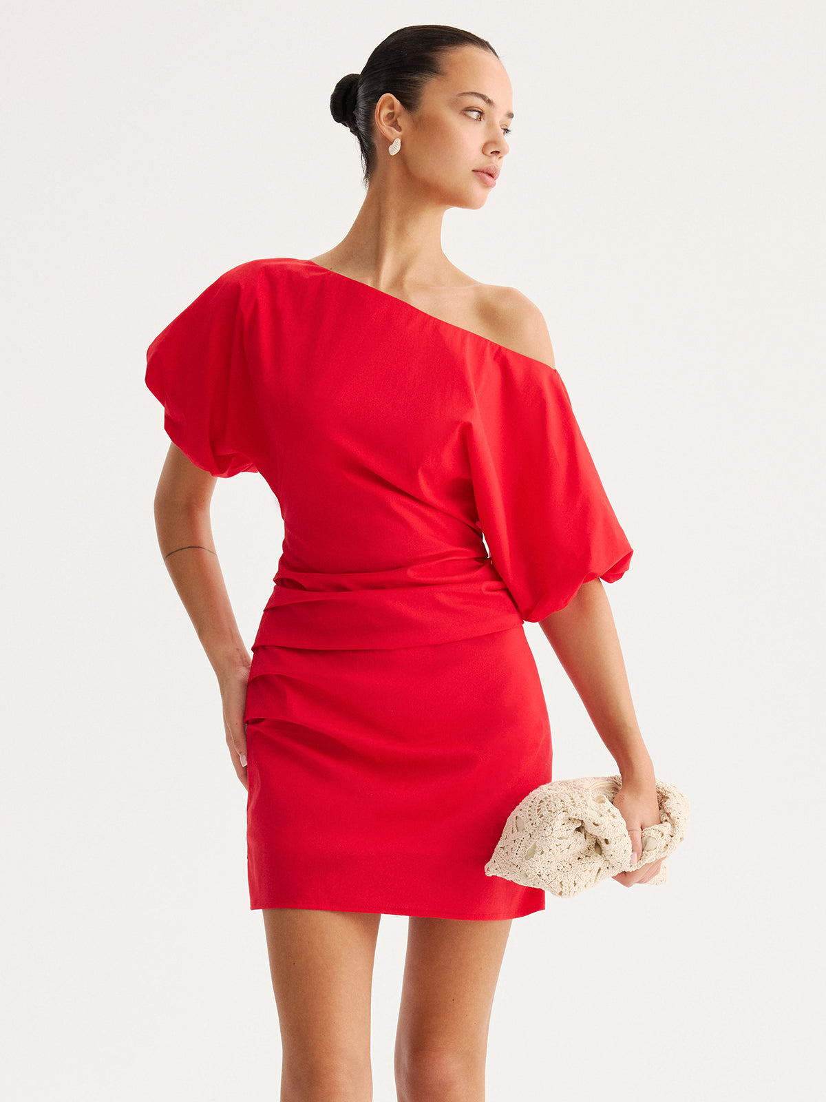 Off Shoulder Puff Sleeve Ruched Mini Dress for Women's Elegant Eveningwear