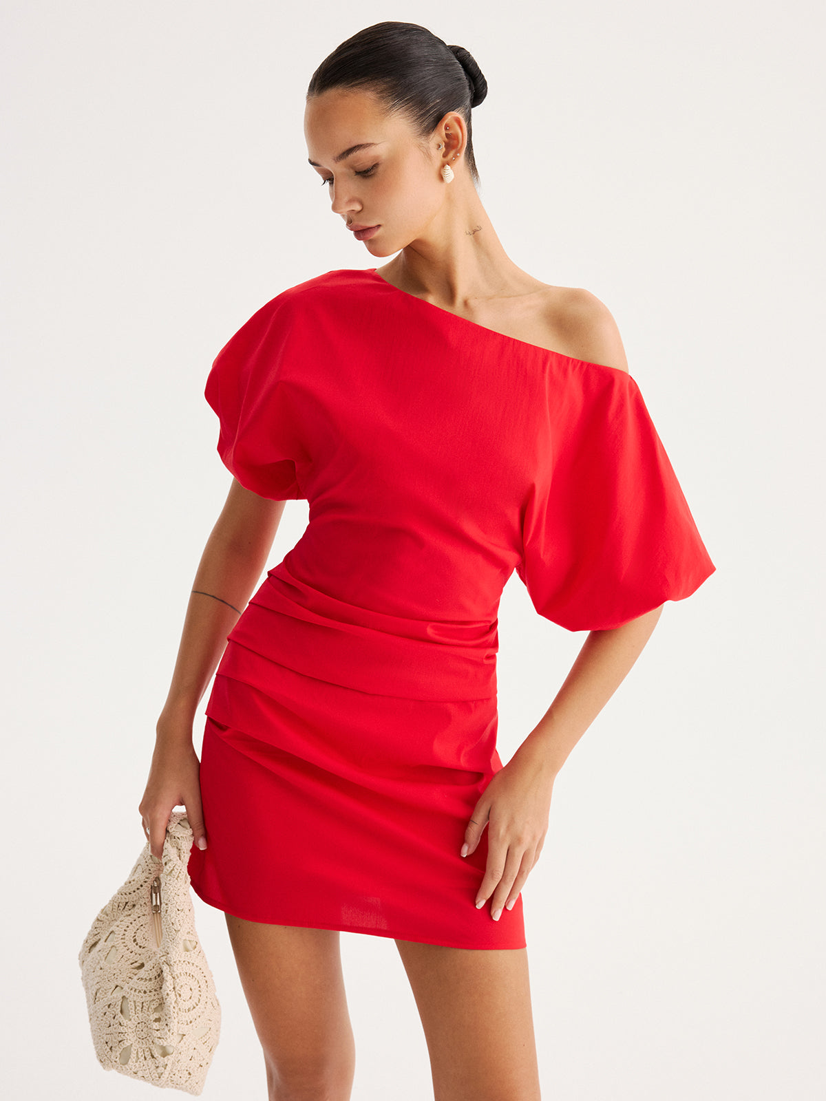 Off Shoulder Puff Sleeve Ruched Mini Dress for Women's Elegant Eveningwear