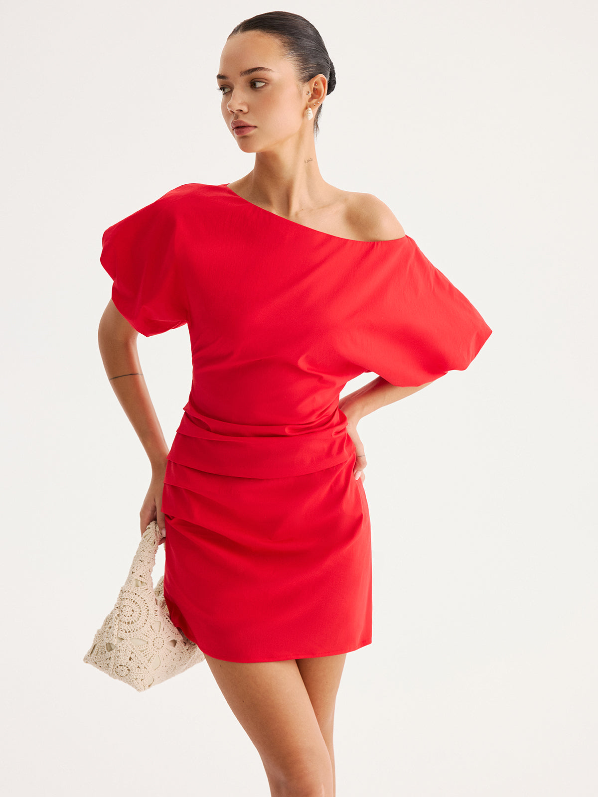 Off Shoulder Puff Sleeve Ruched Mini Dress for Women's Elegant Eveningwear