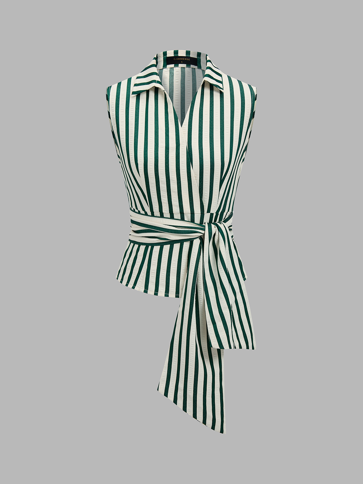 Collared Striped Tie Waist Sleeveless Blouse Perfect for Summer Office Wear