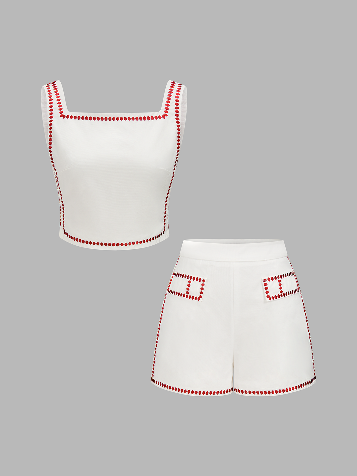 Square Neck Embroidered Top & Shorts Set with Floral Design
