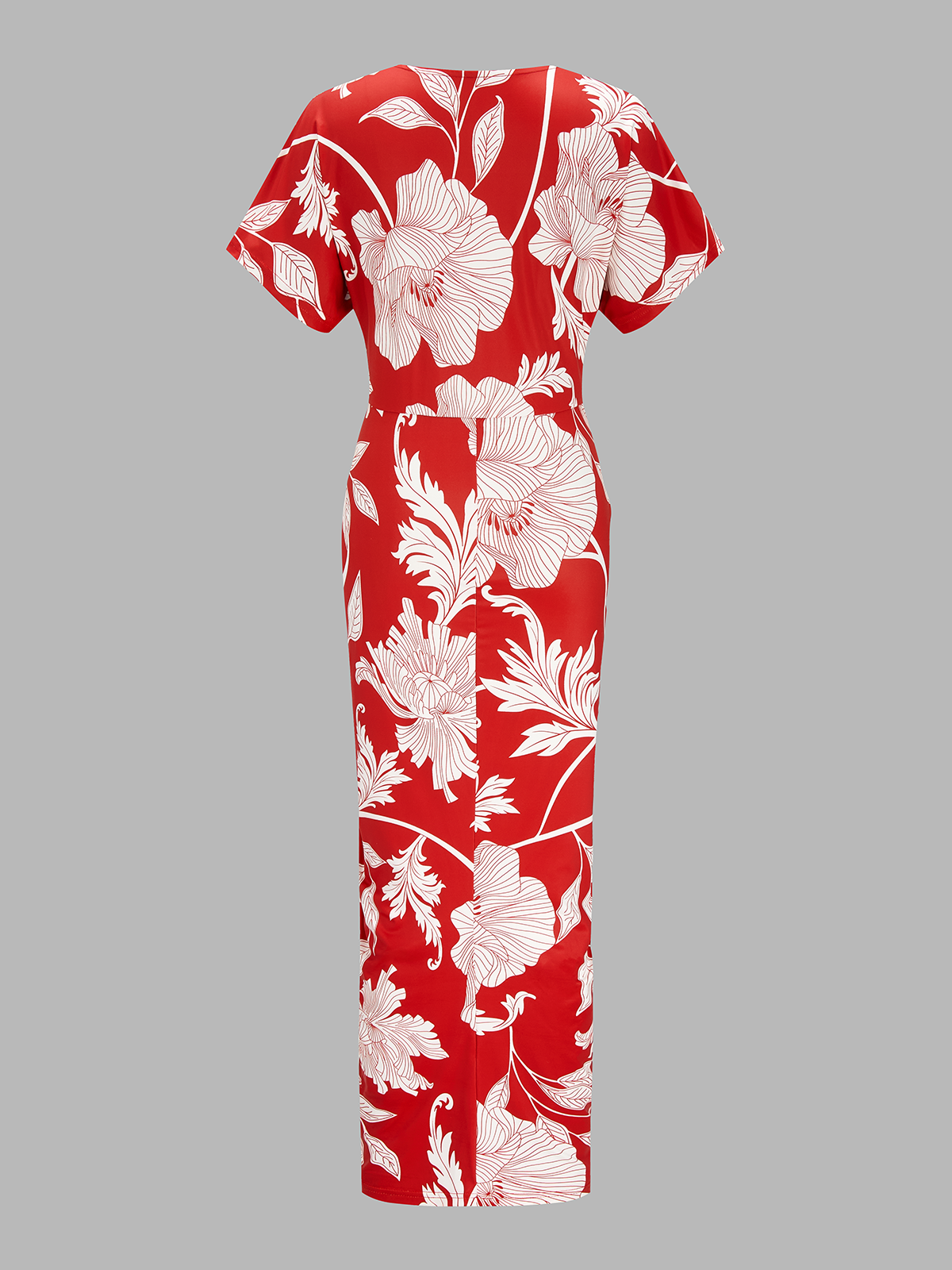 Floral Print Deep V Ruched Midi Dress with Long Sleeves and Tie Waist