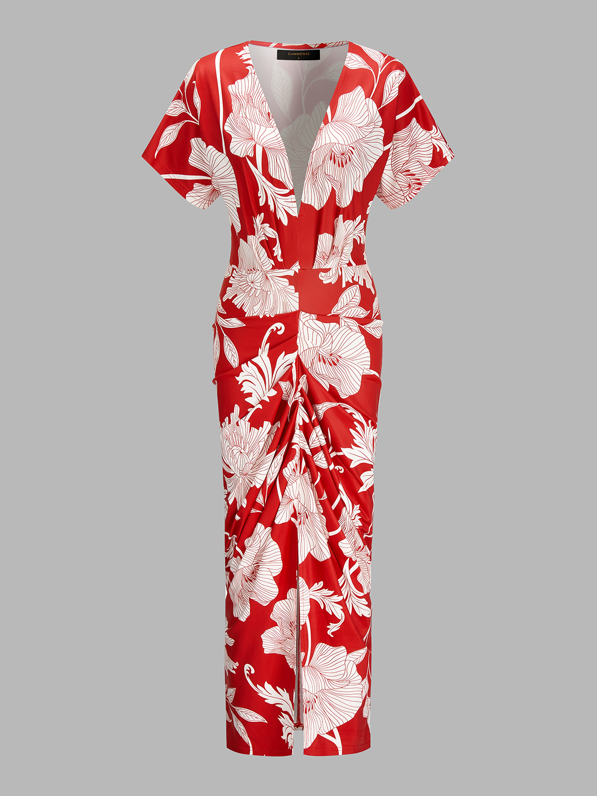 Floral Print Deep V Ruched Midi Dress with Long Sleeves and Tie Waist