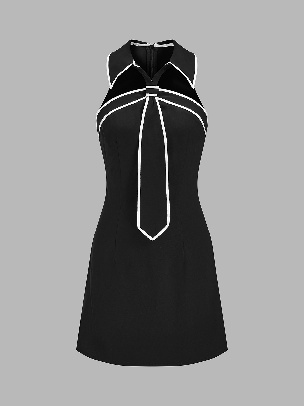 Tie Detail Contrast Trim Collared Mini Dress with Bishop Sleeves and Waist Belt