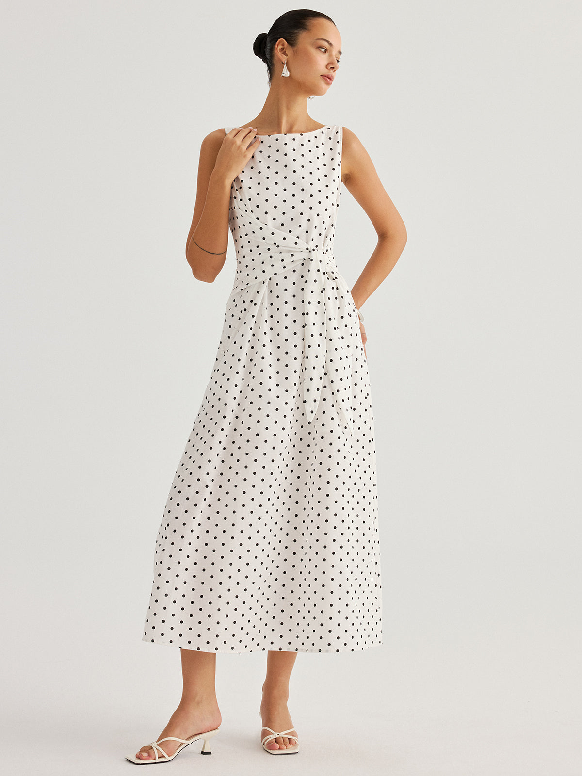 Polka Dot Tie Waist Cotton Linen Maxi Dress with Ruffled Sleeves