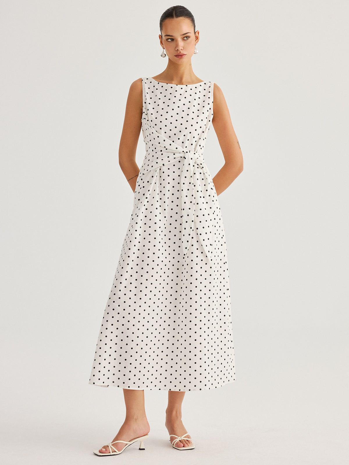 Polka Dot Tie Waist Cotton Linen Maxi Dress with Ruffled Sleeves