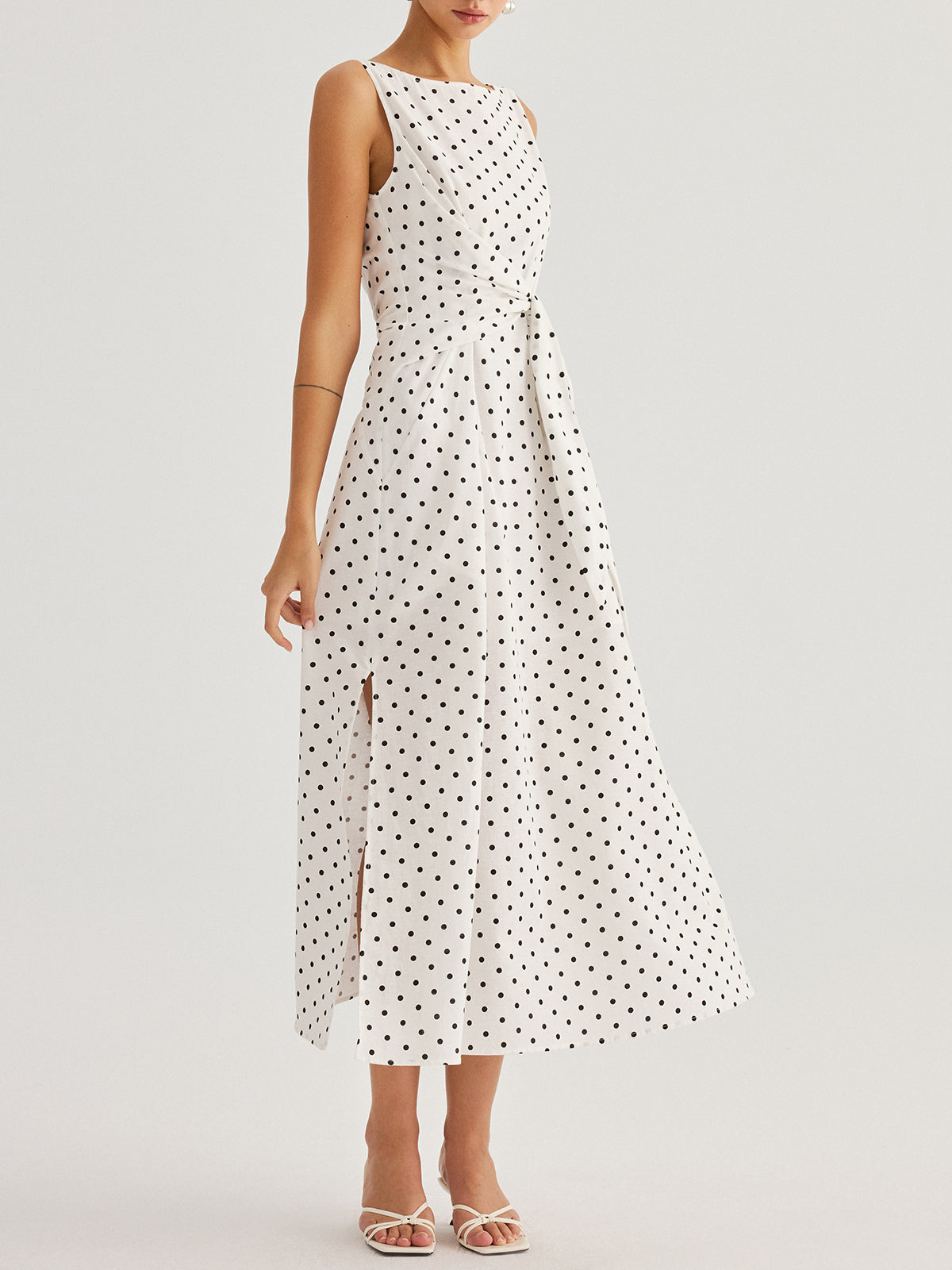 Polka Dot Tie Waist Cotton Linen Maxi Dress with Ruffled Sleeves