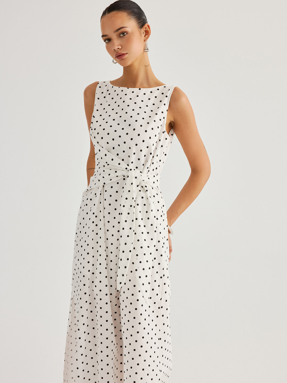 Polka Dot Tie Waist Cotton Linen Maxi Dress with Ruffled Sleeves