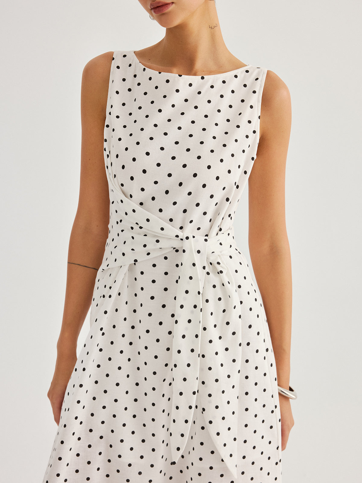 Polka Dot Tie Waist Cotton Linen Maxi Dress with Ruffled Sleeves