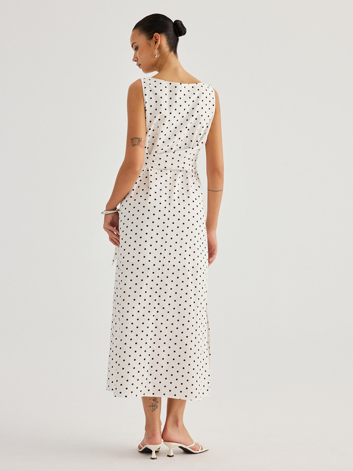 Polka Dot Tie Waist Cotton Linen Maxi Dress with Ruffled Sleeves