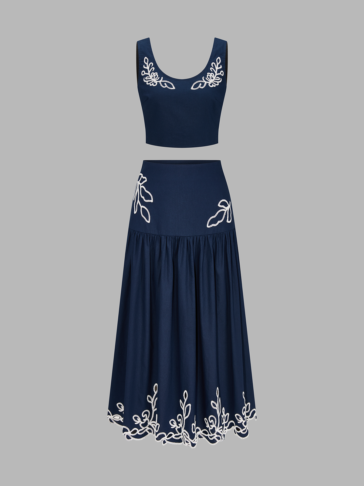 Embroidered Cotton Linen Top & Midi Skirt Set for Women's Summer Wear
