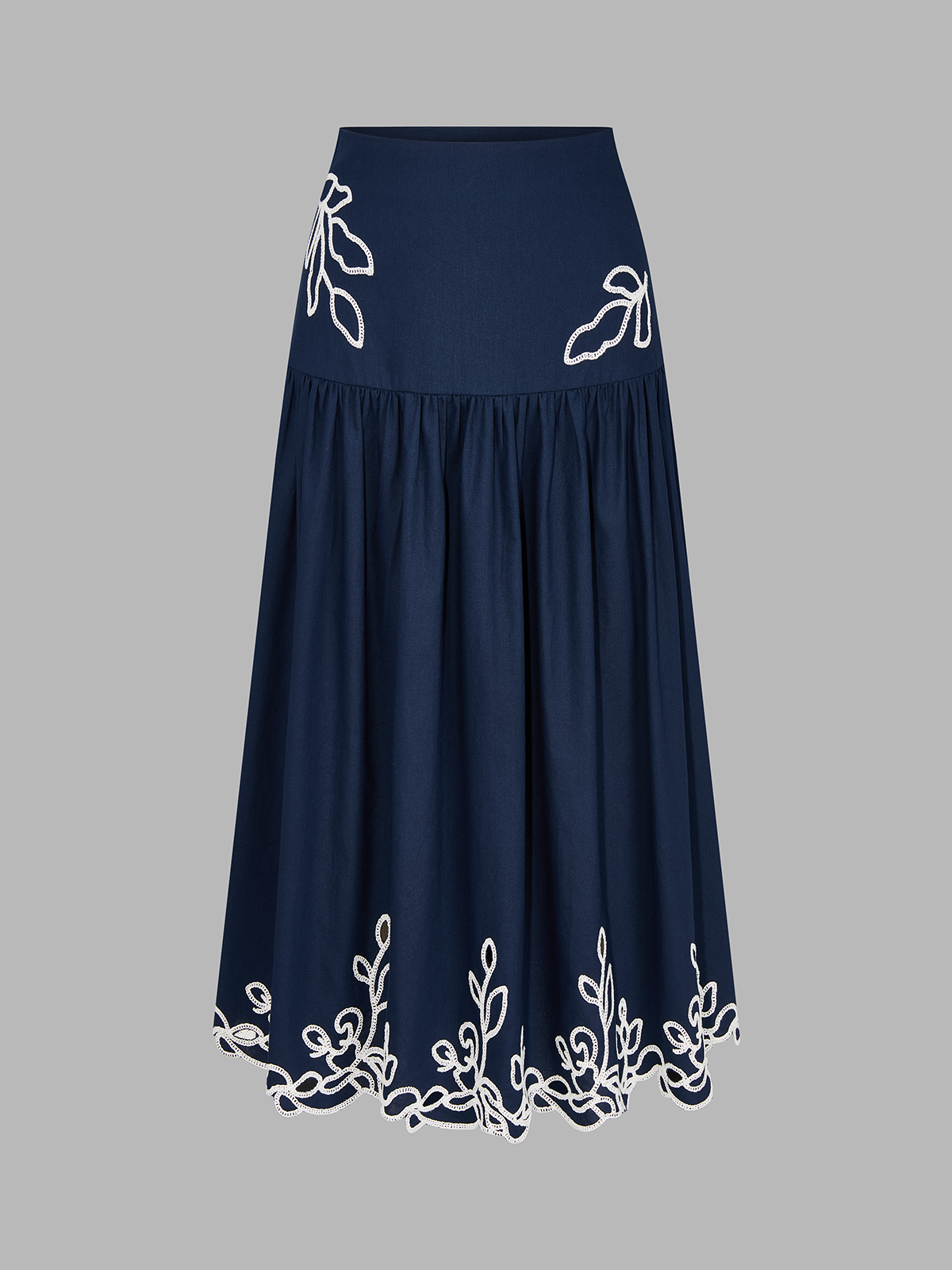 Embroidered Cotton Linen Top & Midi Skirt Set for Women's Summer Wear
