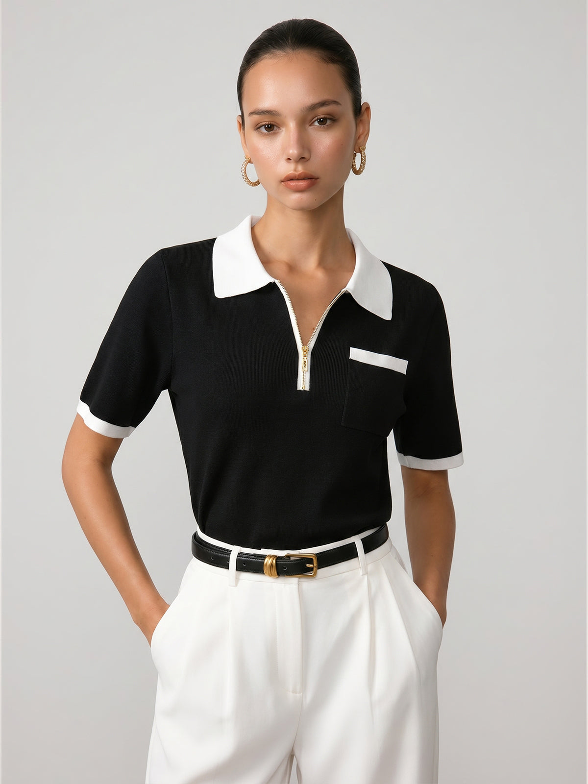 Short Sleeve Zipper Collar Knitted Polo Top for Casual Wear