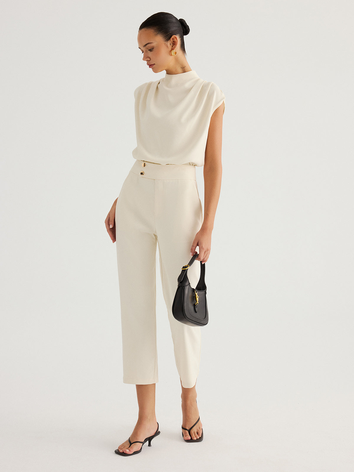 Draped High-Neck Cap Sleeve Blouse for Elegant Office Wear