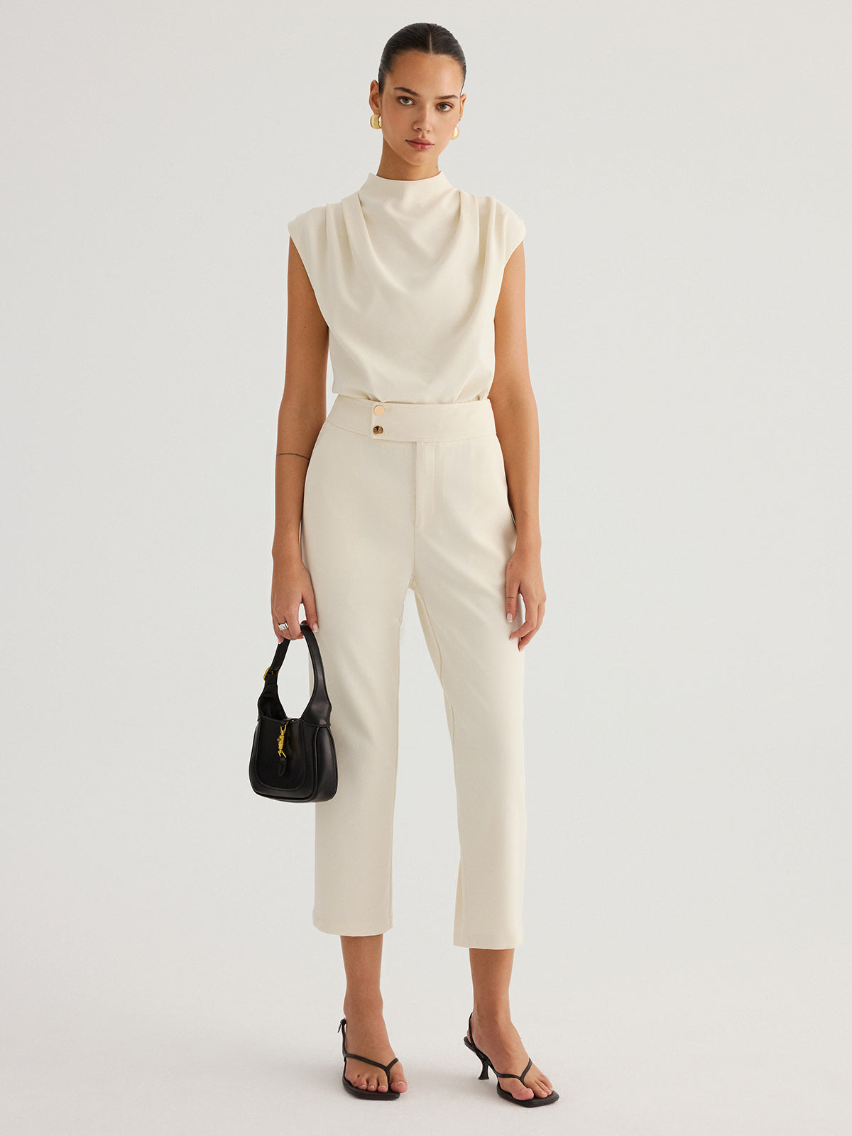 Metal Button Straight-Leg Cropped Pants for Women Casual Fit