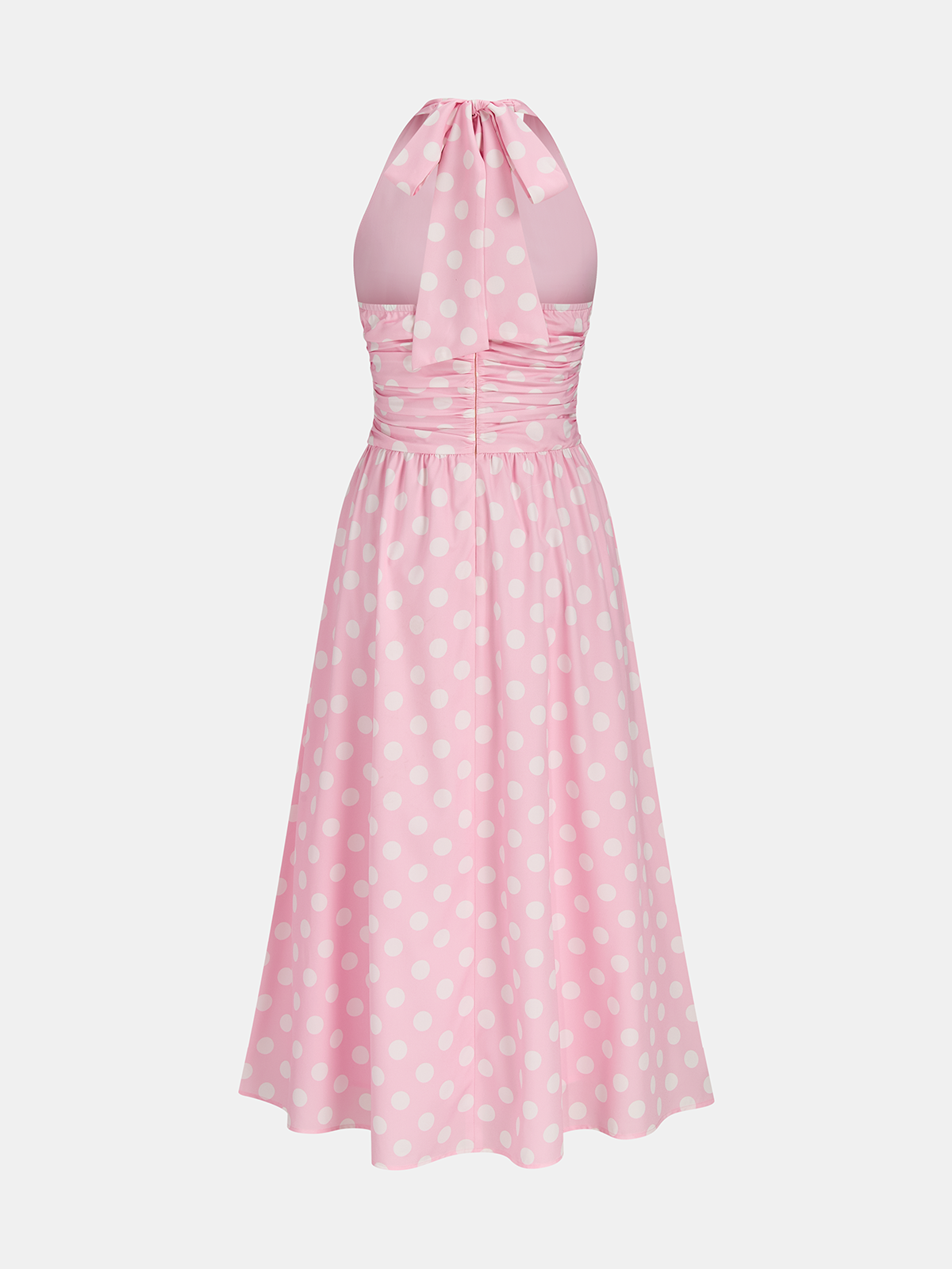 Polka Dot Halter Ruched Midi Dress with Side Slit Detail