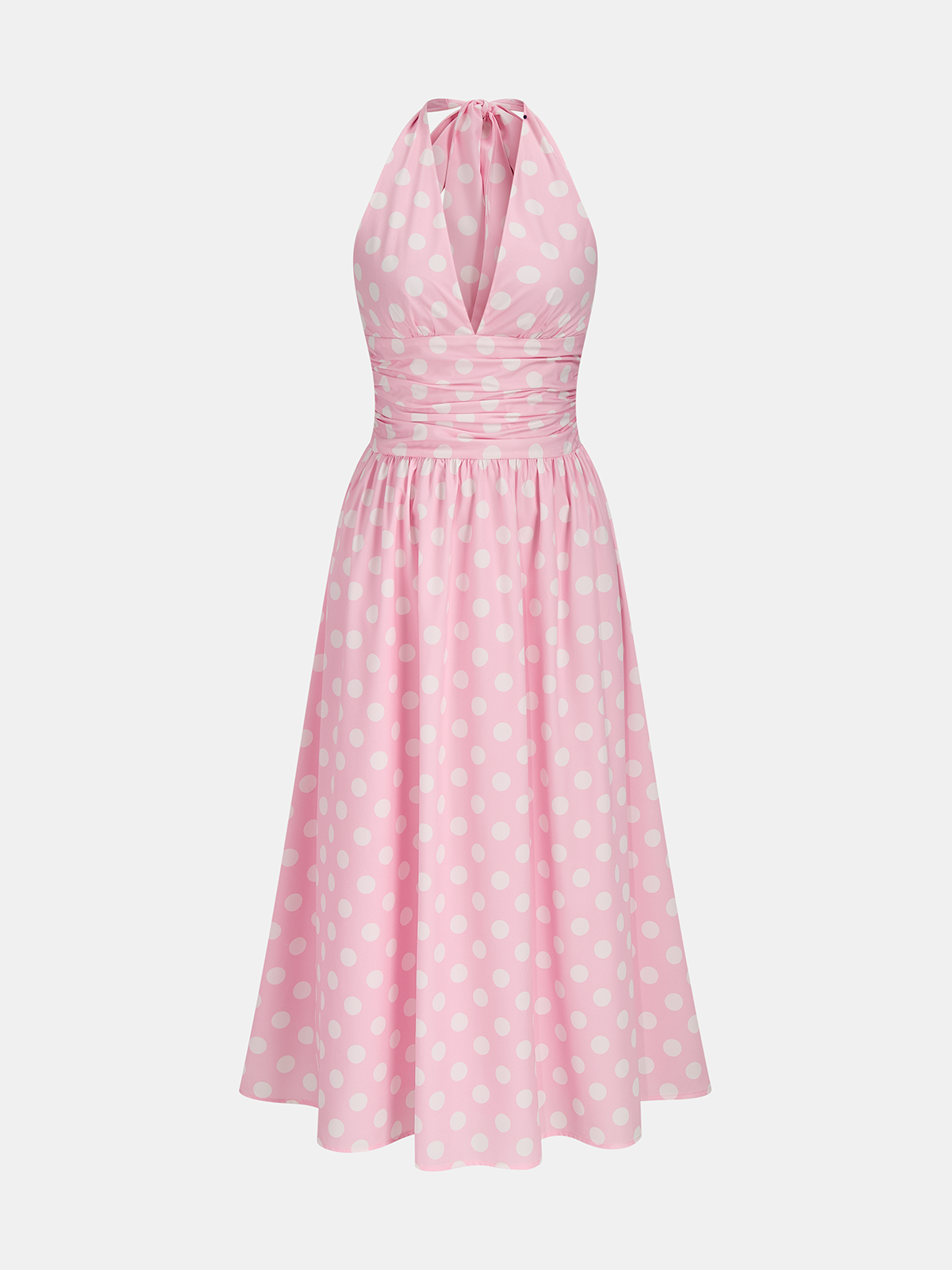 Polka Dot Halter Ruched Midi Dress with Side Slit Detail