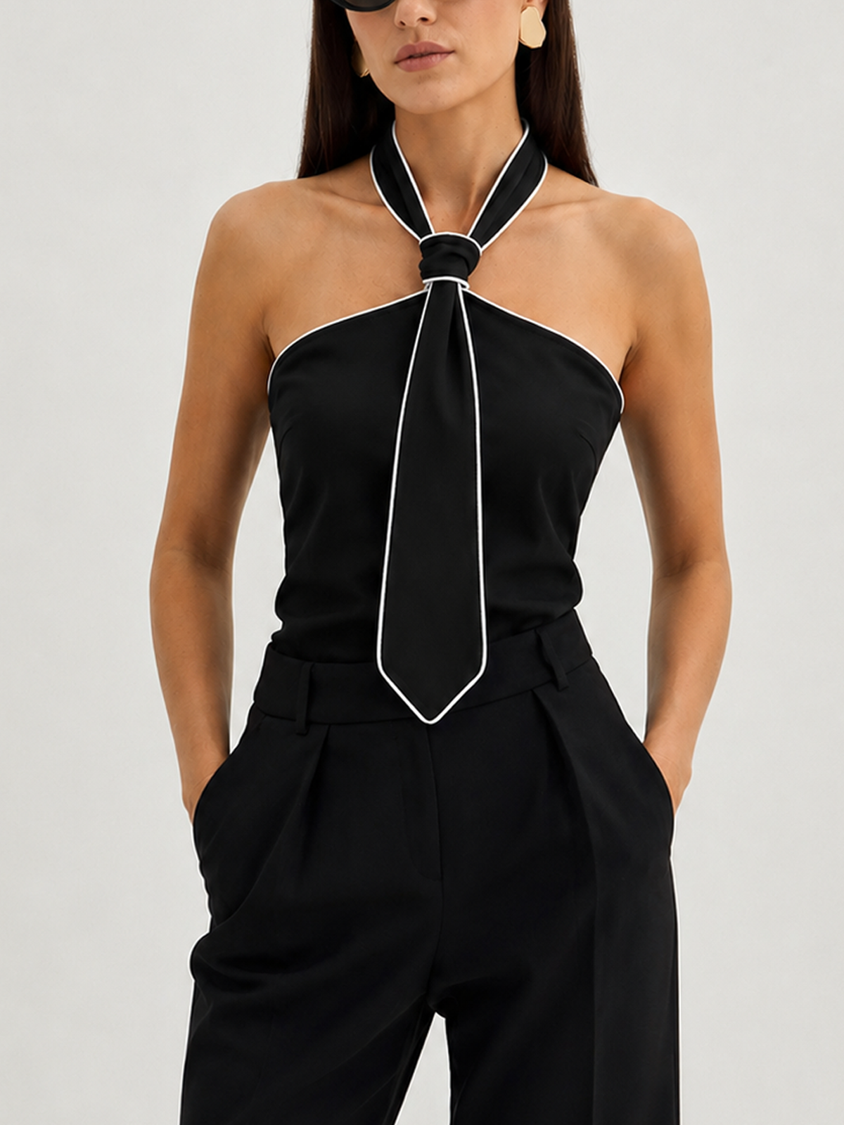 Tie Detail Contrast Trim Halter Neck Top with Stylish Back Closure