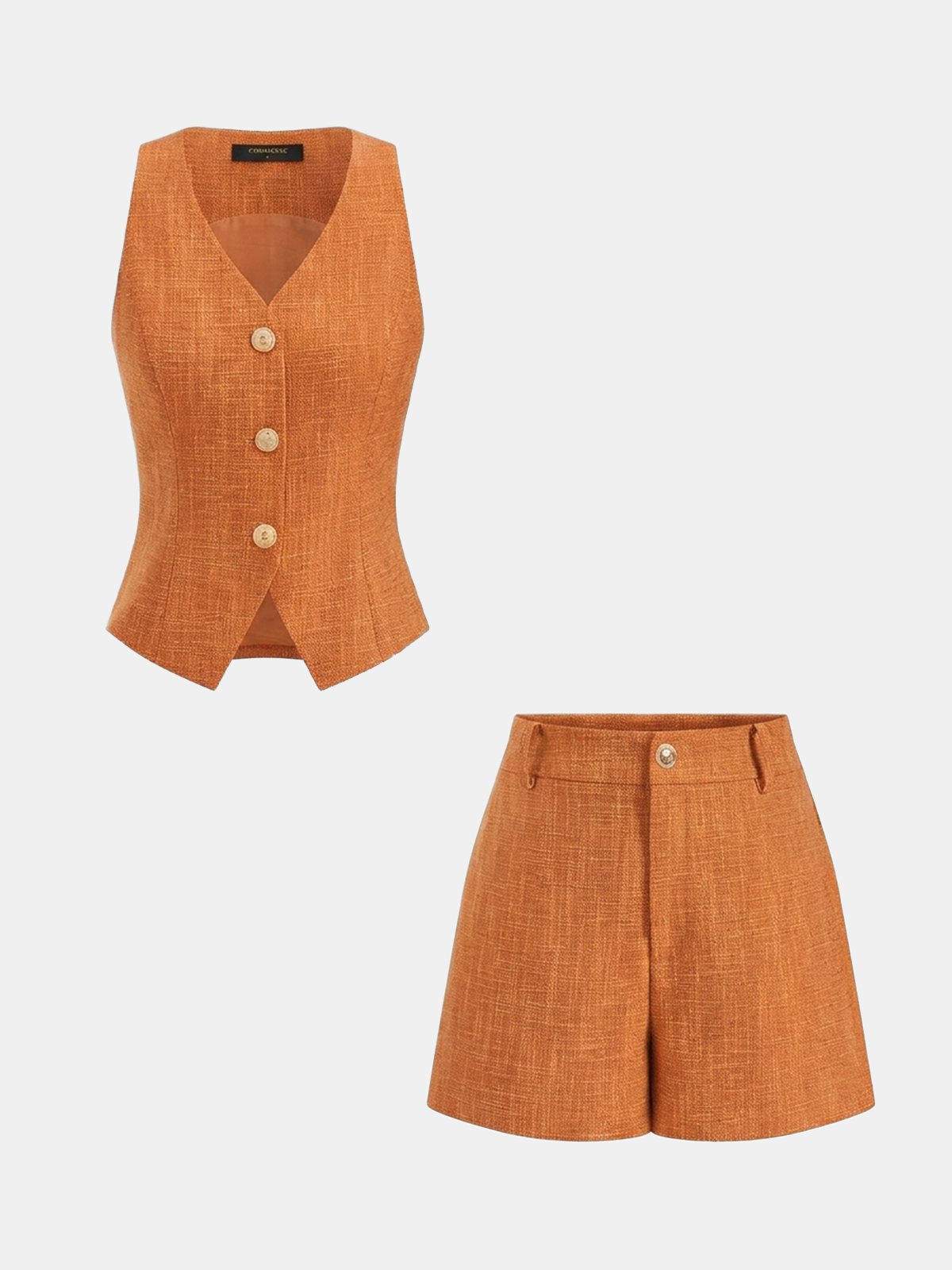 Textured Metal Button Vest & Women's Tailored Shorts Set, Elegant Fashionable Casual Summer Outfit