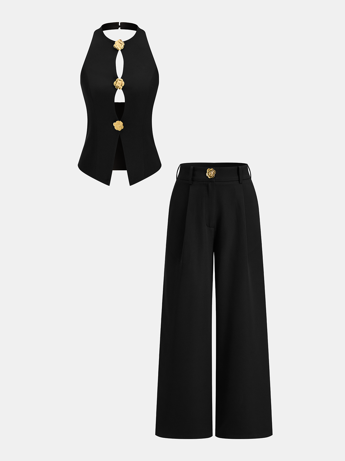 Rose Detail Cut-Out Halter Top & Wide Leg Pants Set for Women