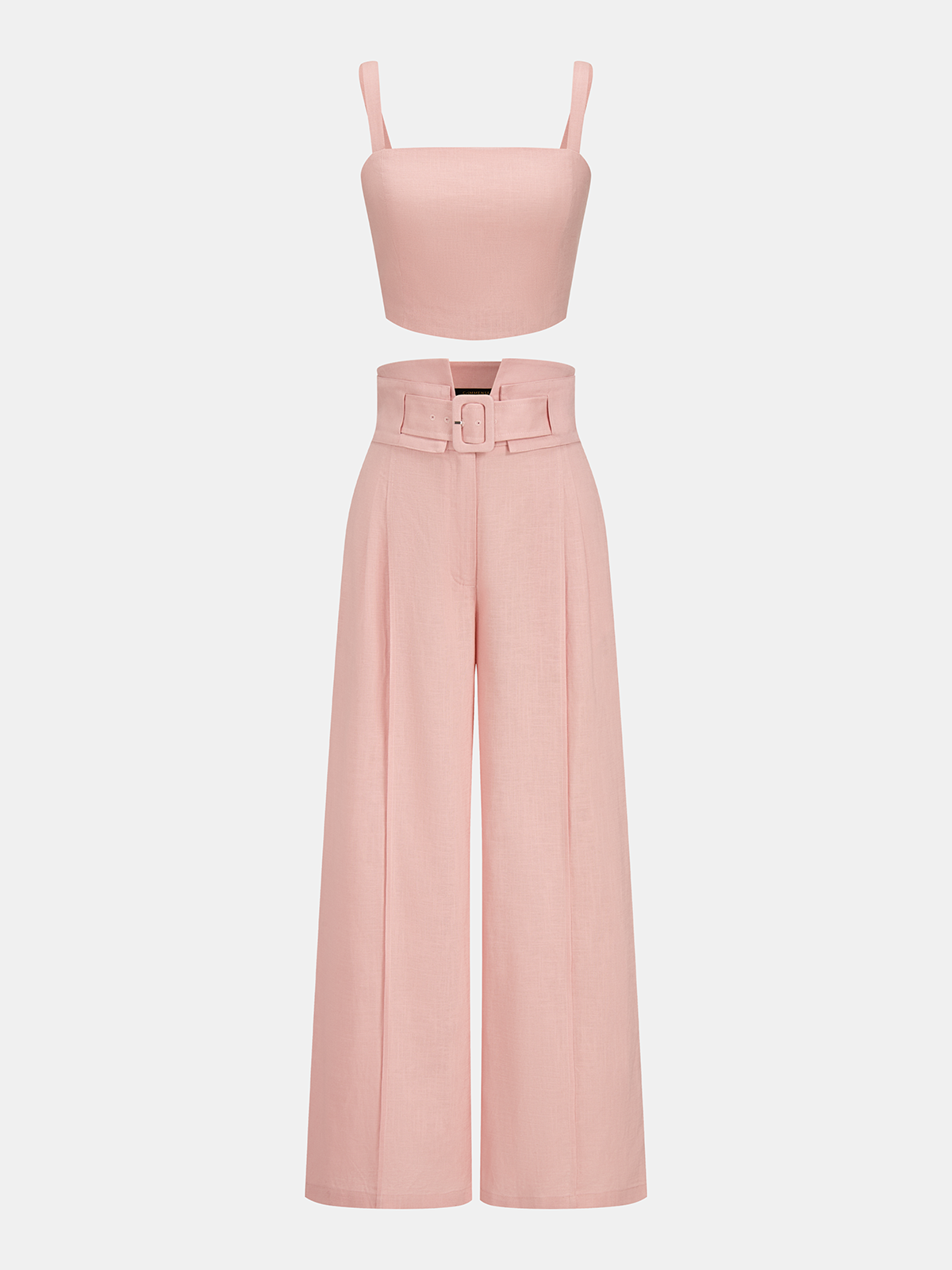 Linen Blend Crop Top & Buckle Detail Pants Set for Women 2023