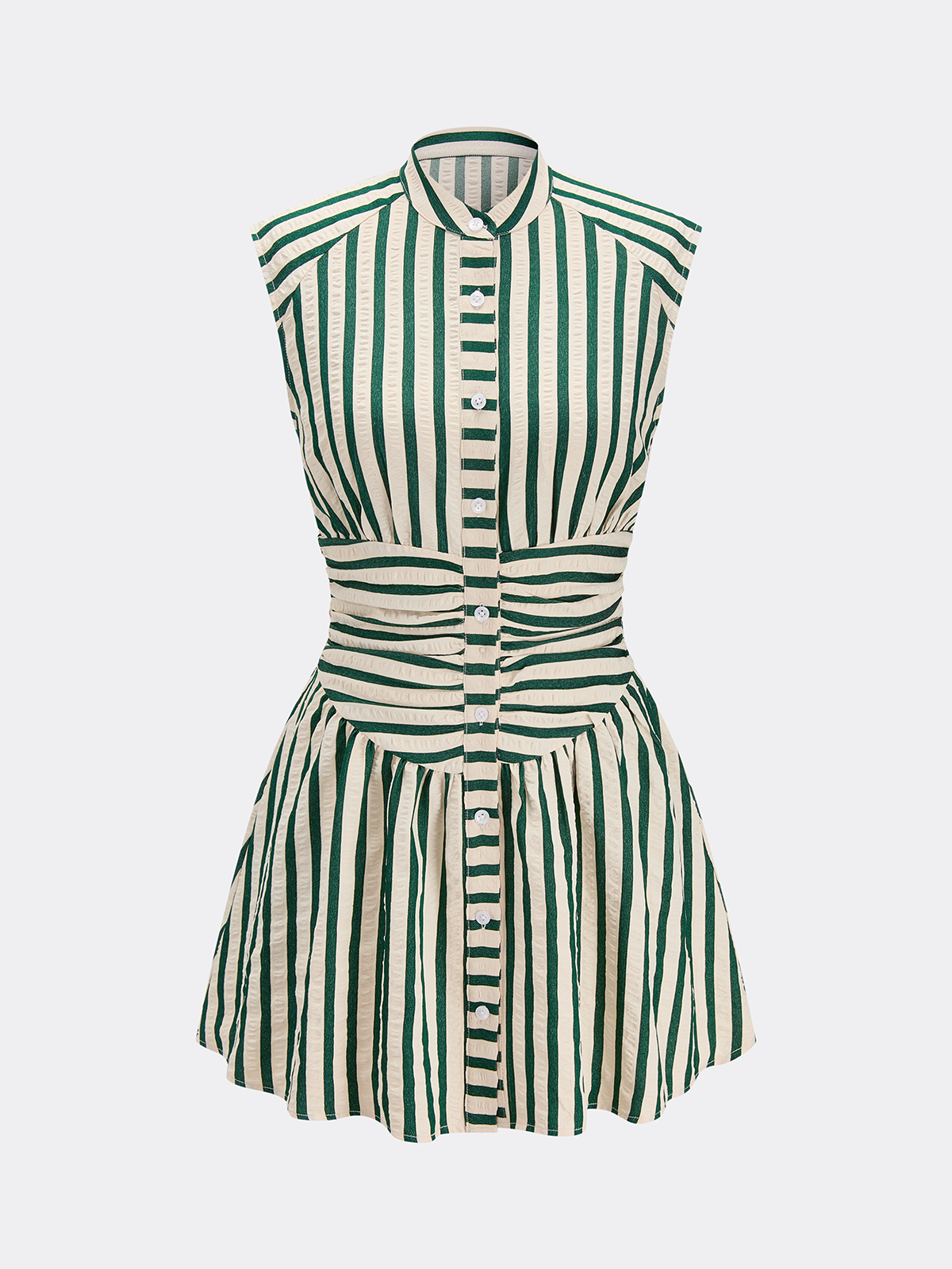 Striped Sleeveless Stand Collar Mini Dress with Tie Waist Detail