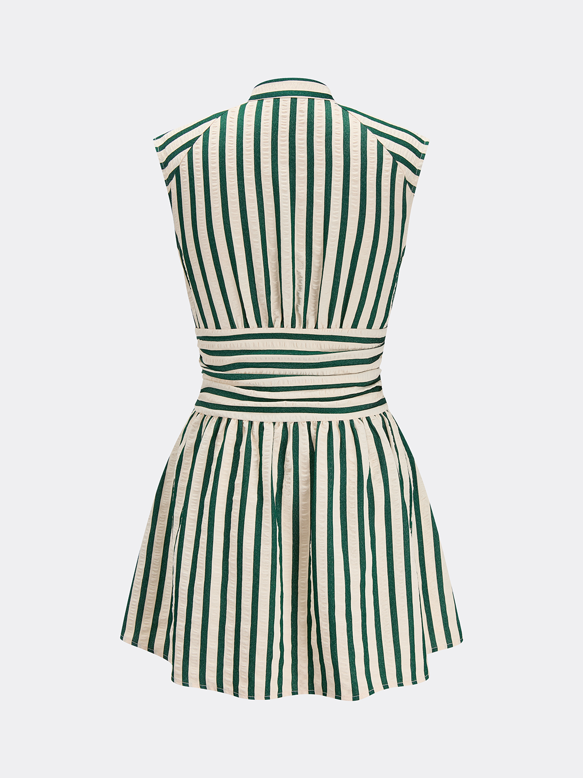 Striped Sleeveless Stand Collar Mini Dress with Tie Waist Detail