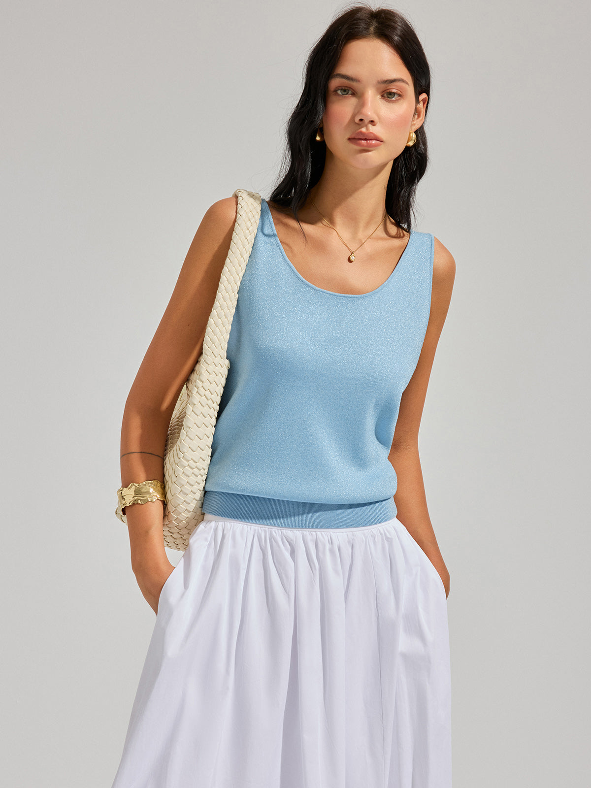 Lurex Knit Deep V-Back Tank Top Comfortable Lightweight Sleeveless