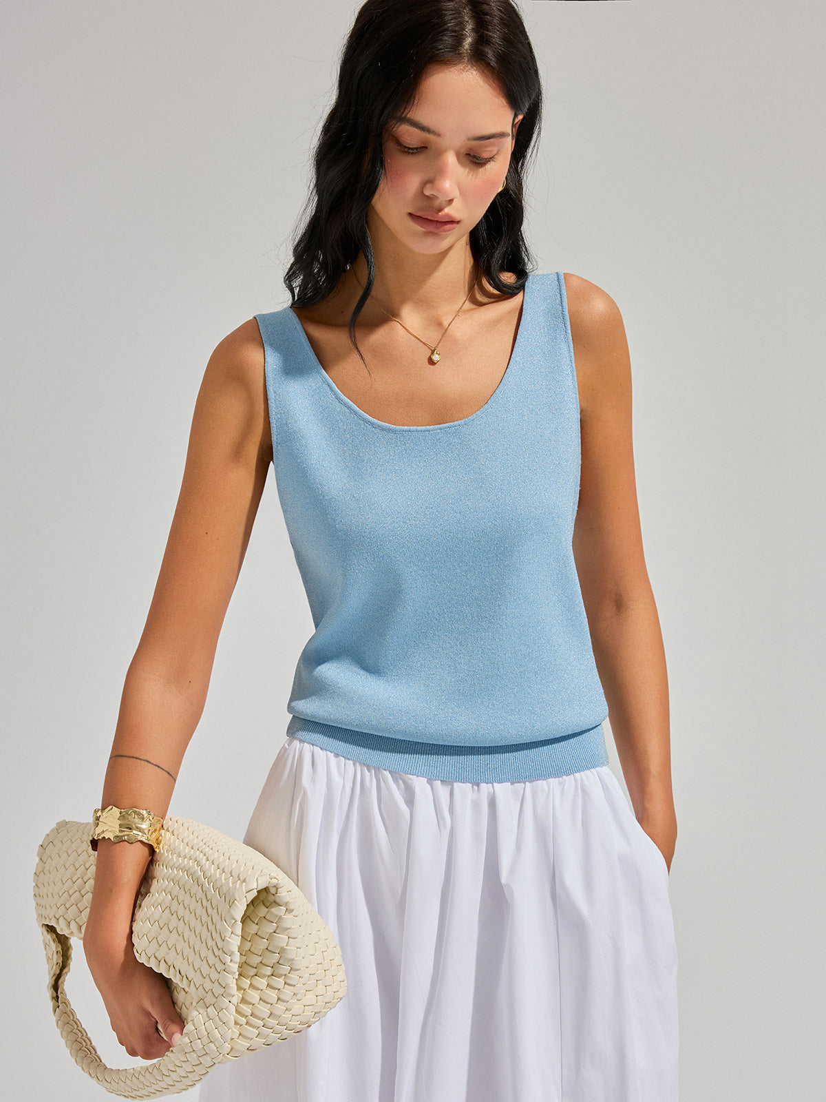 Lurex Knit Deep V-Back Tank Top Comfortable Lightweight Sleeveless