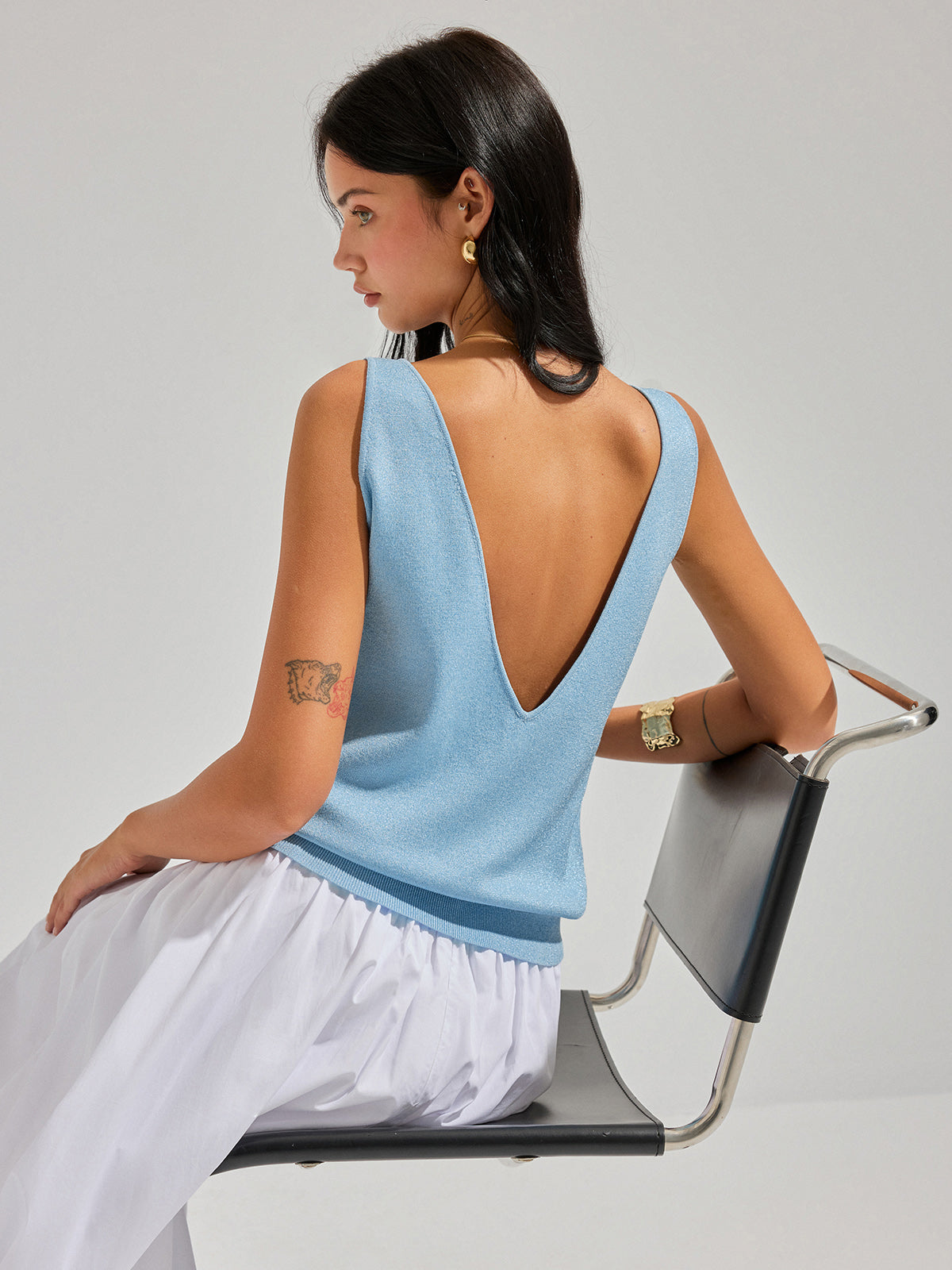 Lurex Knit Deep V-Back Tank Top Comfortable Lightweight Sleeveless